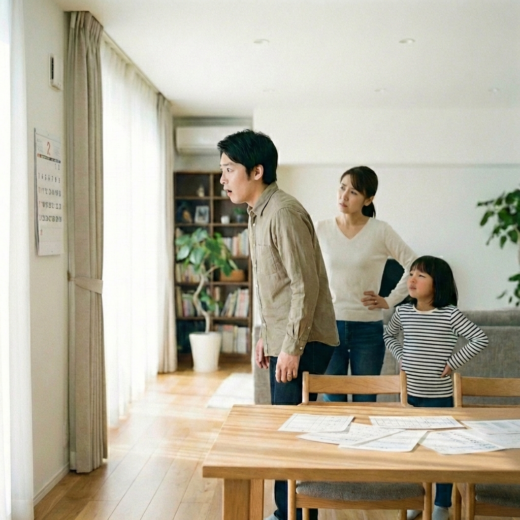 カレンダーを前に焦るパパ