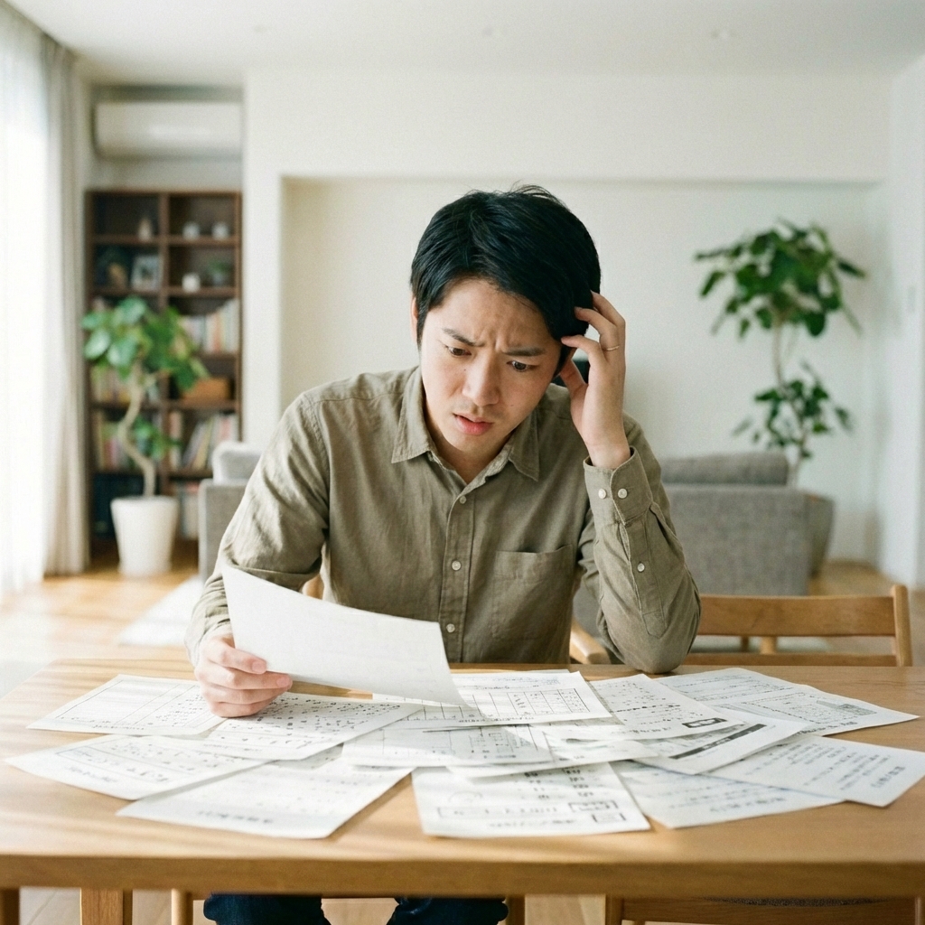 プリントの山に埋もれて困っているパパ