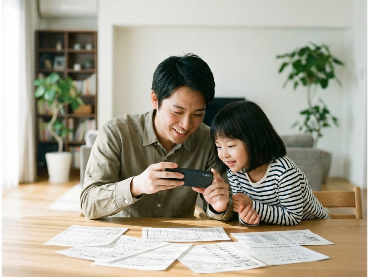 リビングでプリントを撮影する父親と子供